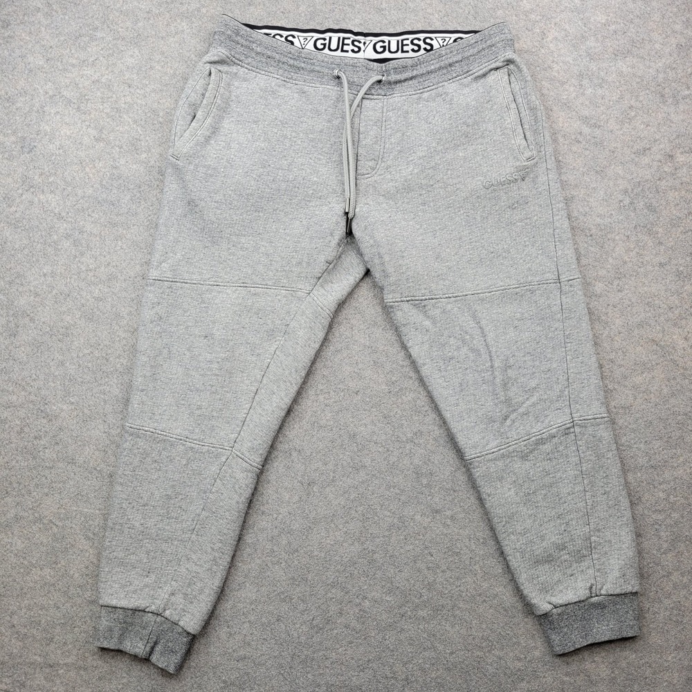 Guess Sweatpants Mens Medium Gray Fleece Joggers Elastic Waist Pockets Logo